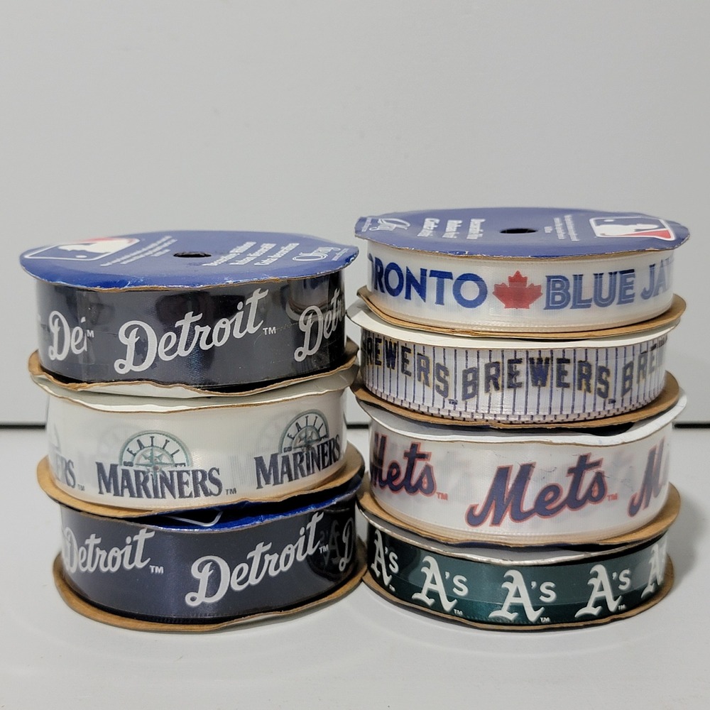 MLB Decorative Ribbon Lot 7 Spools Offray Tigers Mariners Mets A's Blue Jays 9ft